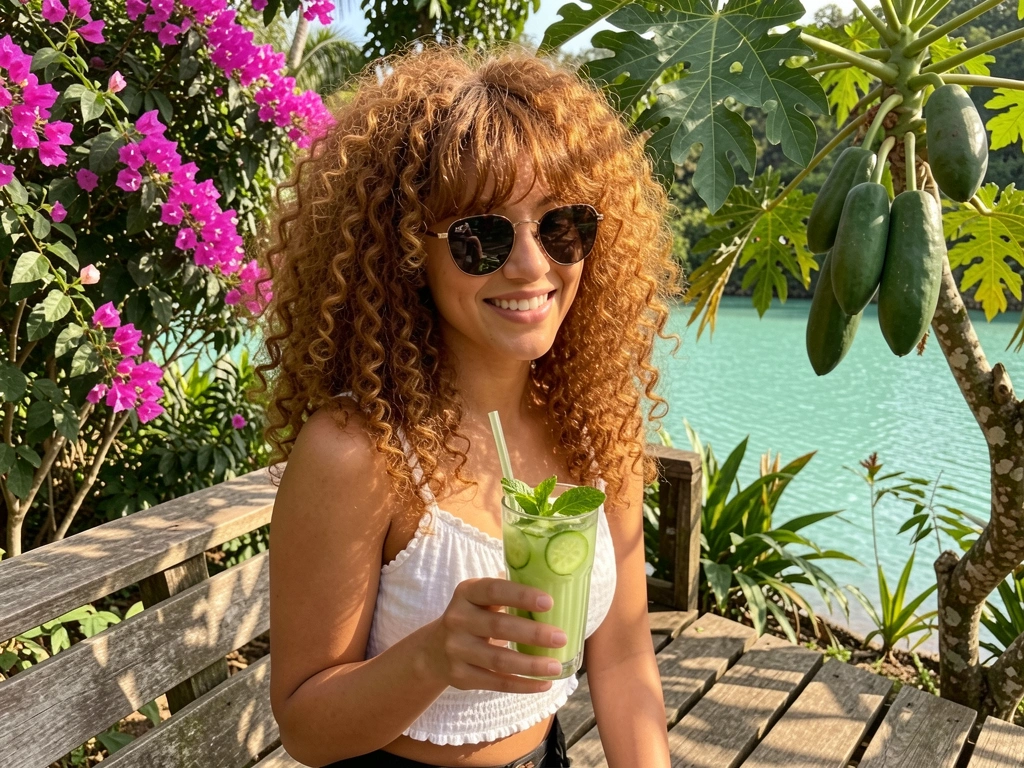 Jovem de cabelos cacheados e blusa de linho branca sentada em deck de madeira, segurando coquetel de pepino e hortelã, com lagoa turquesa e vegetação tropical ao fundo.