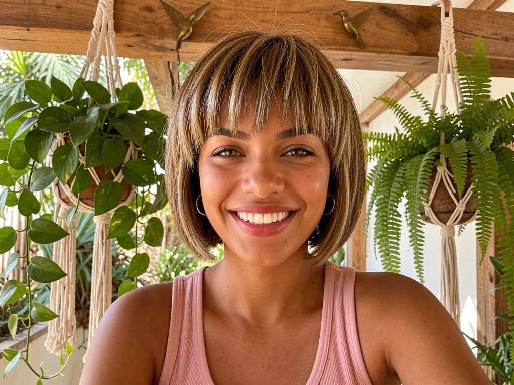 Mulher de short bob e brincos de argola prateados, sorrindo sob luz natural difusa, com samambaias e pothos em macramê sobre viga rústica de madeira.