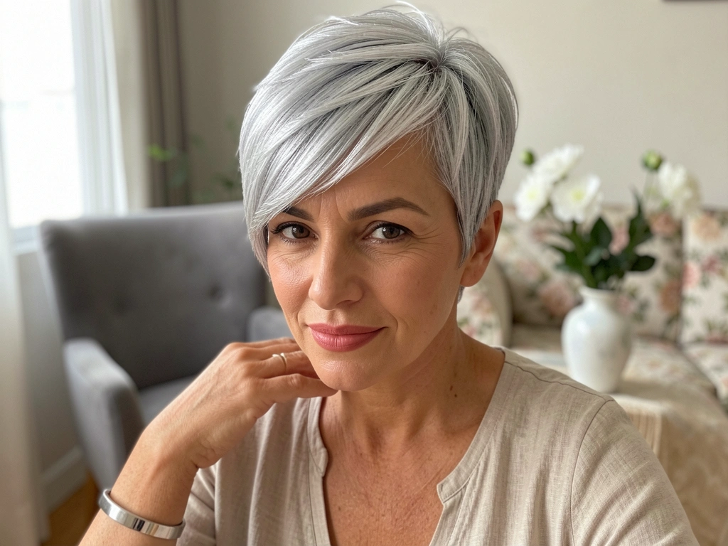 Mulher de cabelo prateado e batom rosado, sentada em sala com sofá floral e vaso de porcelana com flores brancas, luz natural difusa.