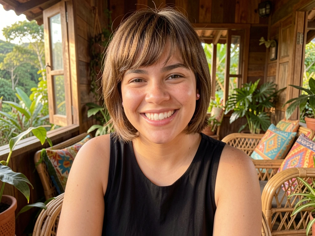 Jovem com cabelo castanho curto e franja, sorriso genuíno, vestido preto sem mangas, varanda de madeira rústica com móveis de rattan e almofadas coloridas, luz dourada do fim da tarde, desfoque suave no fundo.