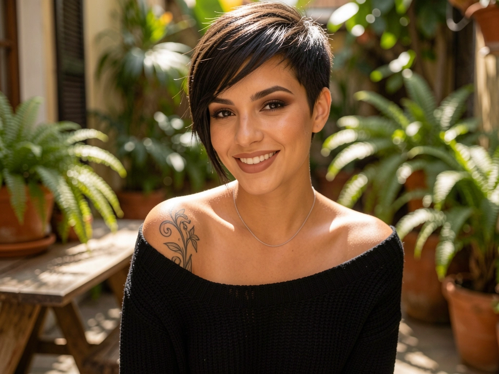 Mulher de cabelo pixie assimétrico, suéter preto off-shoulder, tatuagem floral no braço, fundo desfocado de pátio com samambaias e luz solar salpicada.