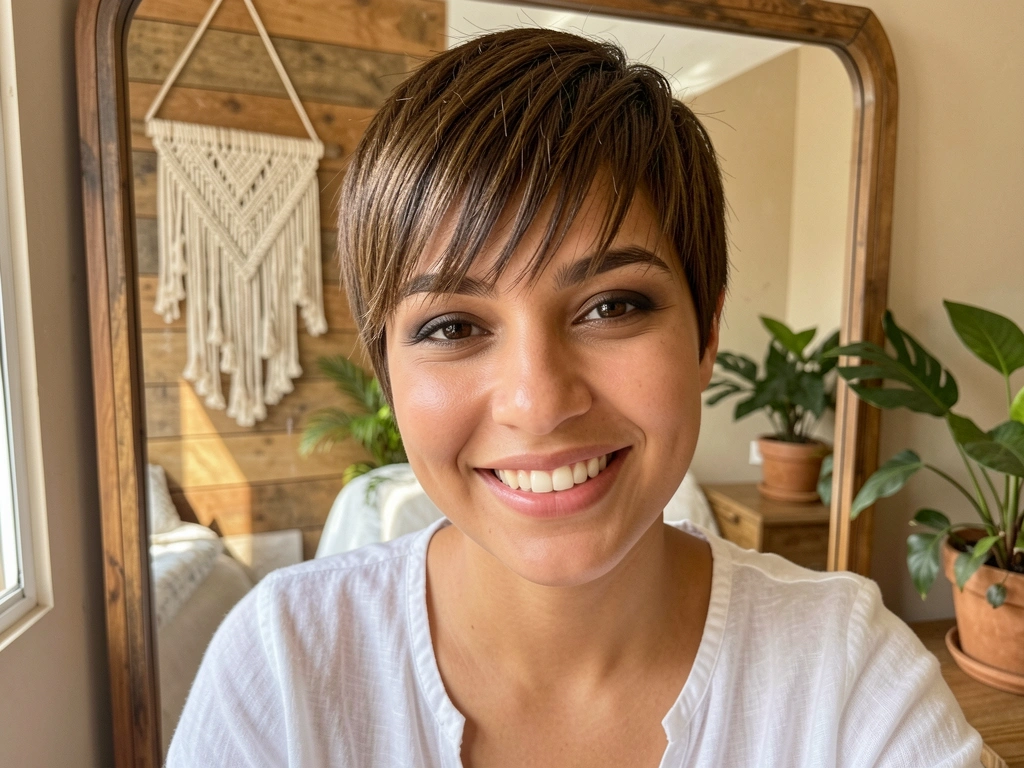 Close-up de mulher com cabelo pixie curto e franja castanha, sorrindo, refletida em espelho vintage com parede rústica de madeira, macramê e plantas tropicais.