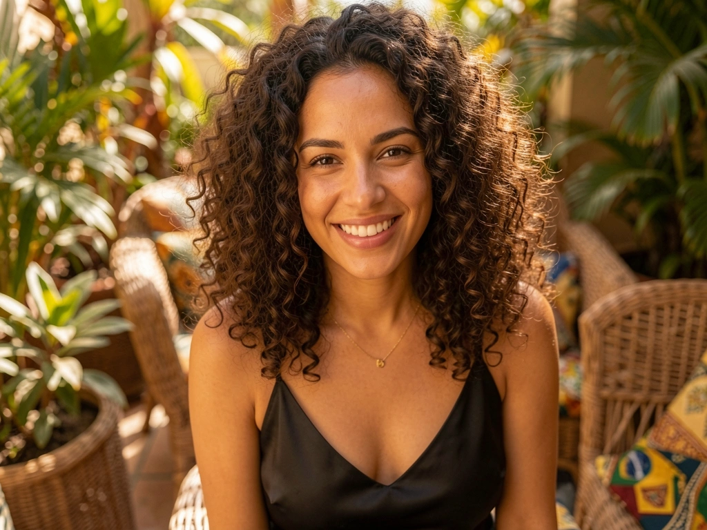 Mulher de cabelos crespos volumosos e sorriso genuíno, vestido preto de cetim, ao ar livre com plantas tropicais e luz dourada difusa.