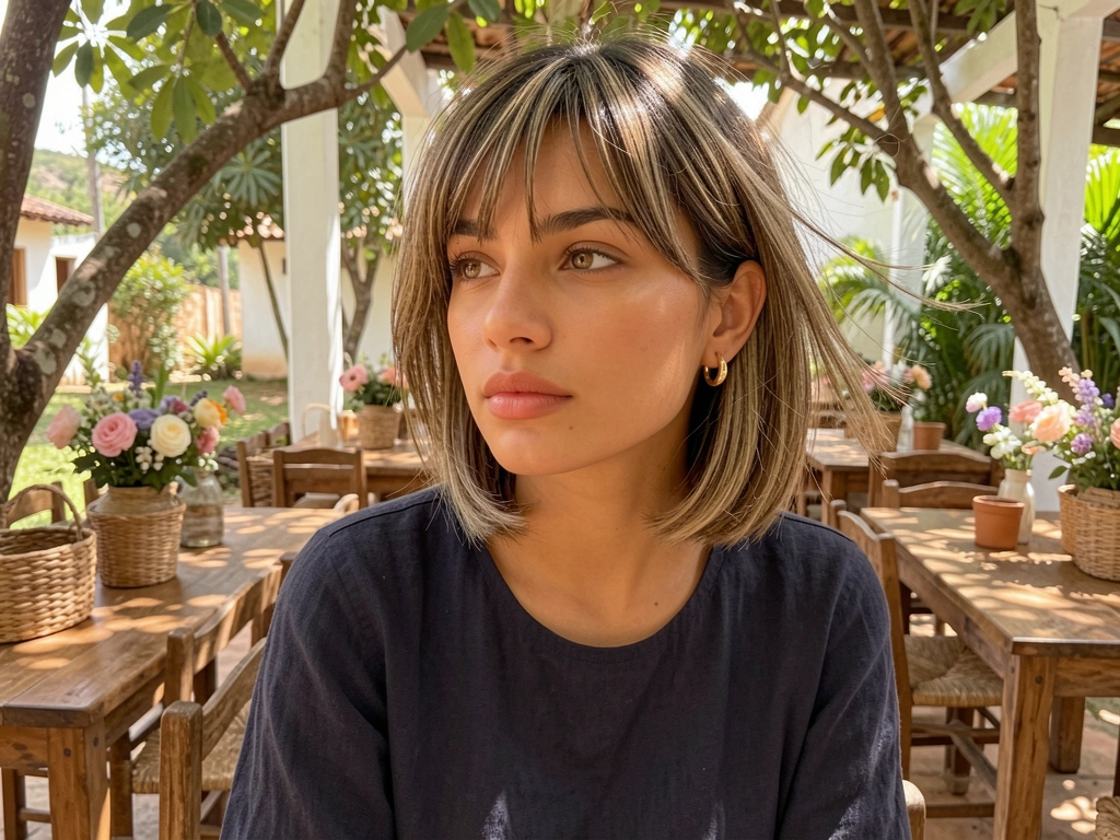 Dappled sunlight filtering through leaves onto a rustic wooden cafe table with fresh flowers and a woven basket, a young woman in a linen dress gazing into the distance.