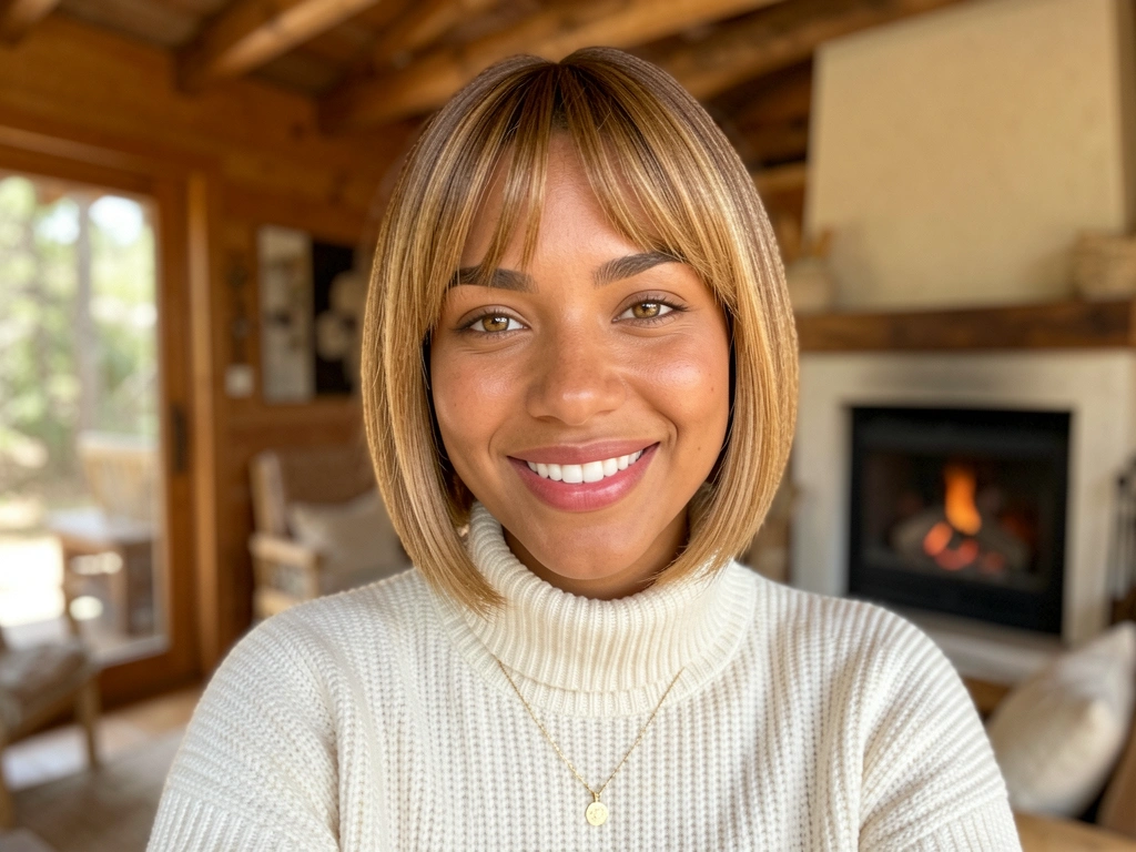 Mulher com cabelo curto e suéter creme, sorrindo em cabana rústica com lareira e luz natural difusa.