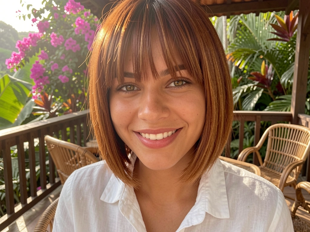 Jovem de cabelo ruivo com franja longa e camisa de linho branca, sorrindo em varanda de madeira com luz difusa e plantas tropicais ao fundo.