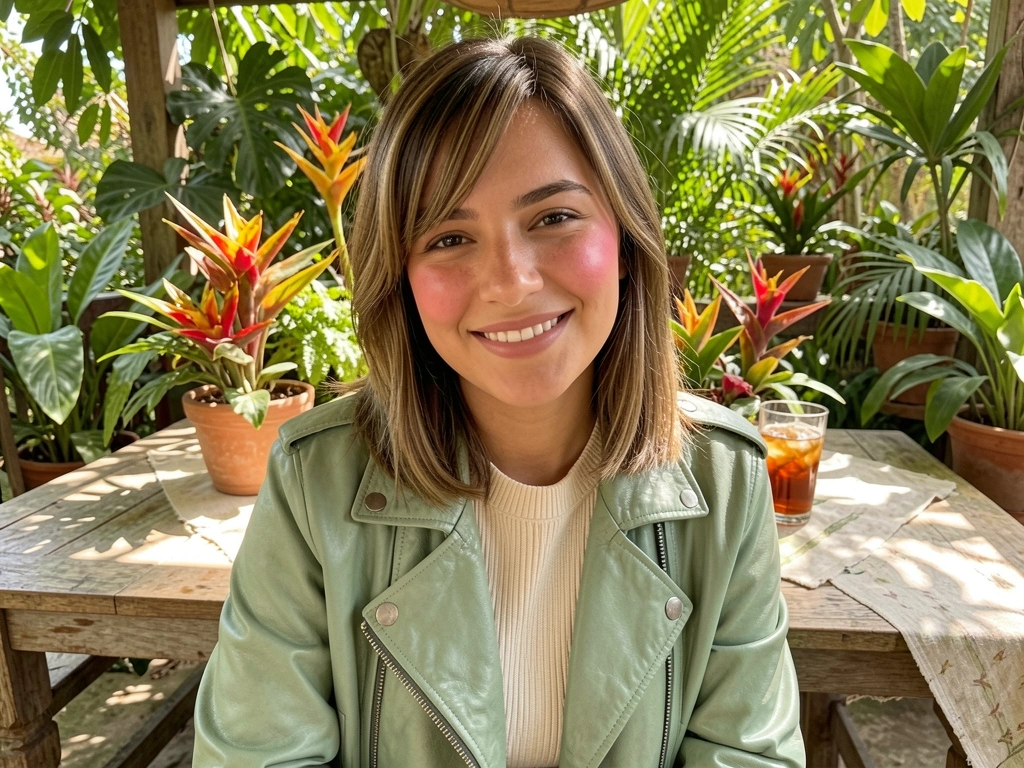 Mulher de cabelo castanho e jaqueta verde sobre camisa creme sorri em mesa rústica de madeira com plantas, copo de chá gelado e luz solar filtrada.