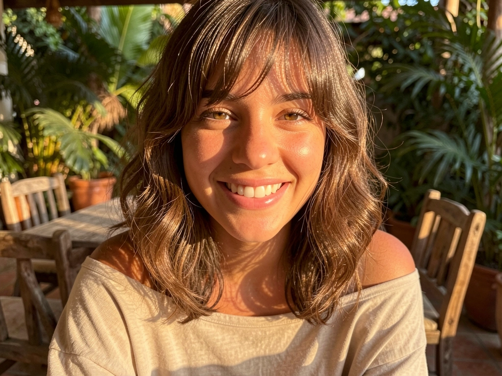Jovem de cabelos castanhos ondulados e sorriso genuíno, blusa bege off-shoulder, fundo desfocado com plantas e móveis rústicos sob luz dourada.