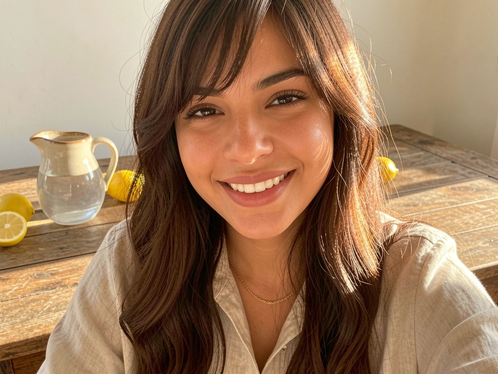 Mulher de cabelo castanho cacheado e camisa de linho bege, sorrindo à mesa rústica com jarro de cerâmica e limões, luz dourada suave.