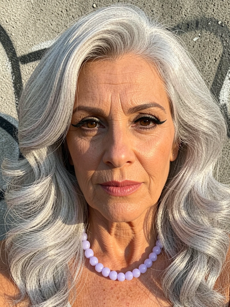 Close-up de mulher madura com cabelo grisalho volumoso, delineado marcante e colar de miçangas lavanda, fundo de concreto texturizado com graffiti, luz natural quente.
