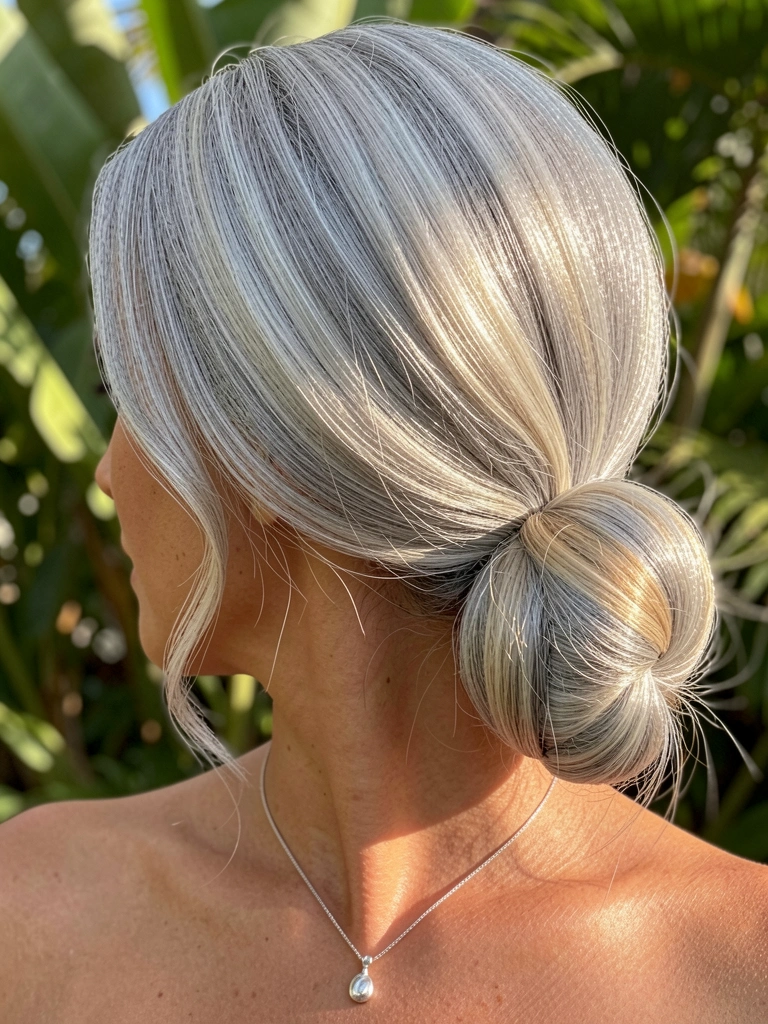Close-up de coque baixo prateado com mechas platinadas, colar de prata delicado sobre a nuca, luz natural e fundo verde desfocado.