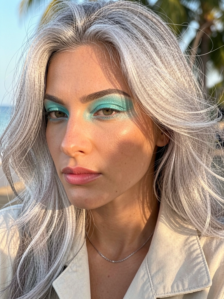 Close-up de uma mulher com cabelos grisalhos ondulados, sombra turquesa vibrante e colar de prata, iluminação natural suave.