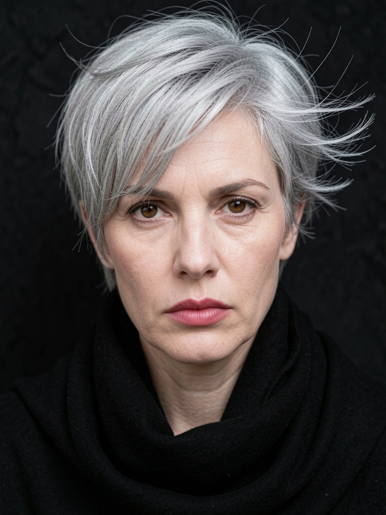Mulher de cabelo grisalho curto e desfiado, olhos castanhos e expressão séria, xale preto sobre os ombros, fundo escuro texturizado, iluminação suave destacando rugas e textura dos fios.