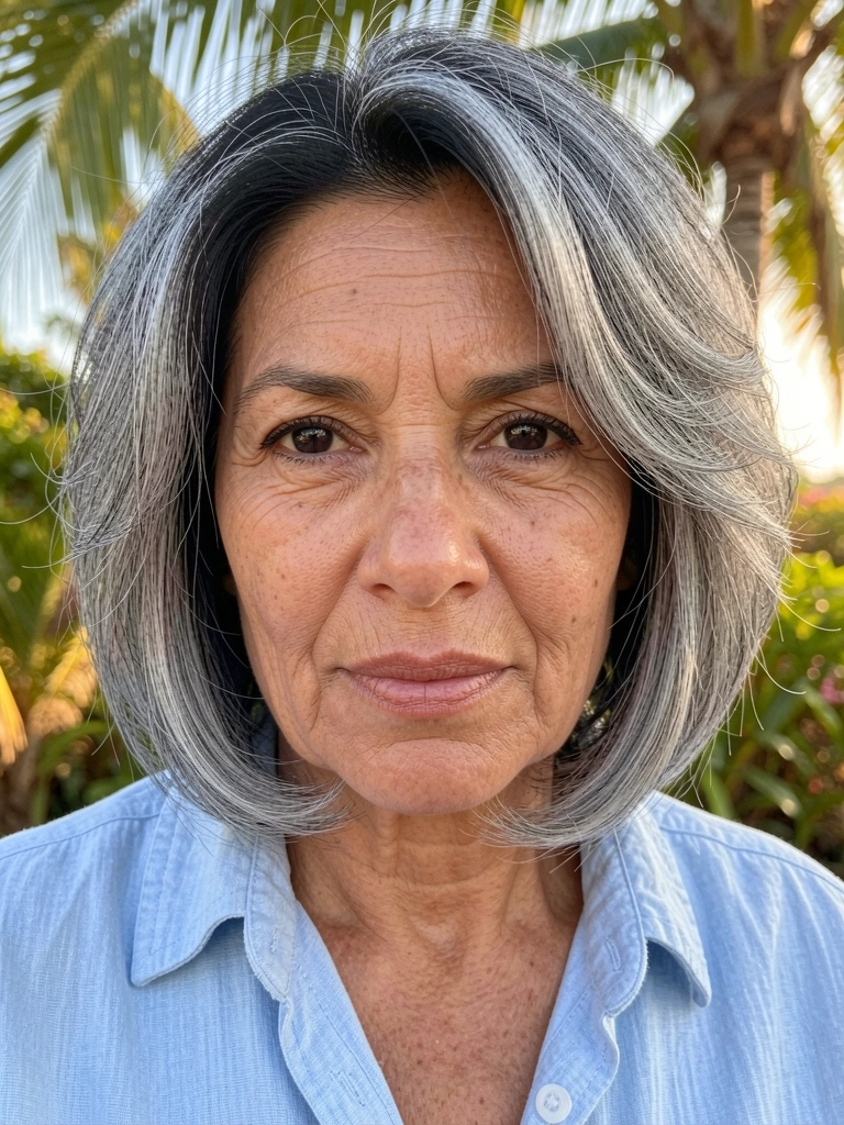 Close-up de mulher madura com cabelo grisalho em corte chanfrado, olhos escuros e pele com rugas finas, camisa azul clara texturizada, luz natural suave e fundo tropical desfocado.