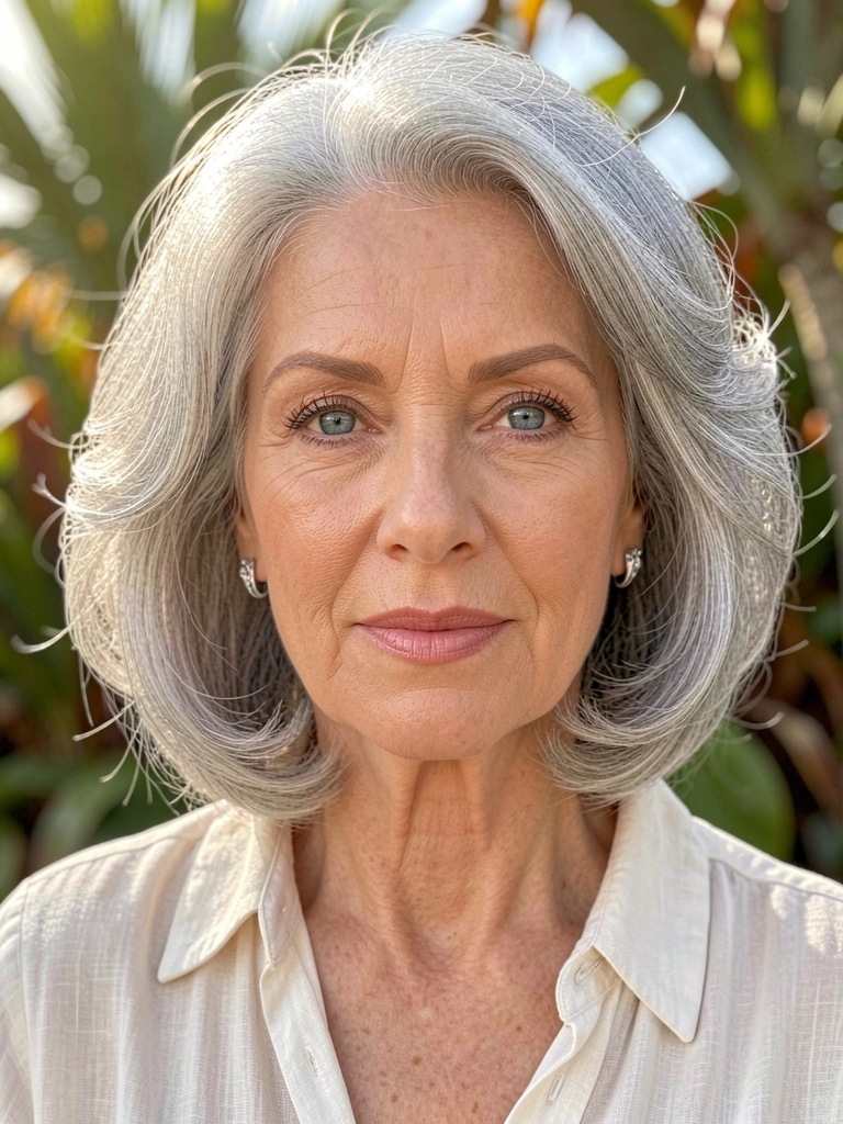 Close-up de mulher madura com cabelo grisalho texturizado, brincos de prata e blusa clara, luz natural difusa e folhagem tropical ao fundo.