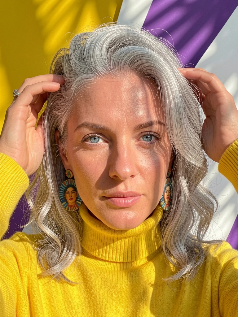 Mulher de cabelos grisalhos texturizados tocando os fios, suéter amarelo gola alta e brincos coloridos, fundo abstrato em amarelo, roxo e branco com luz natural.