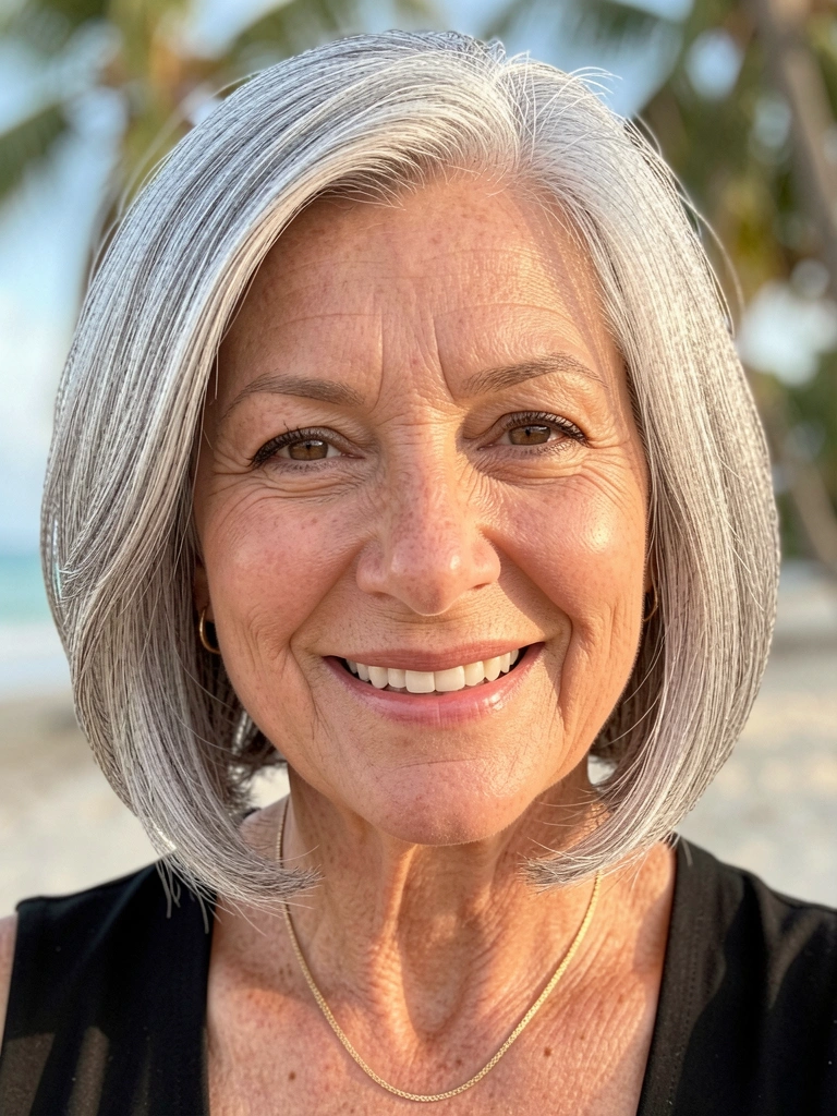 Mulher madura de cabelo grisalho em corte bob, colar de ouro fino, pele com rugas naturais e olhos sorridentes, luz natural suave e fundo tropical desfocado.