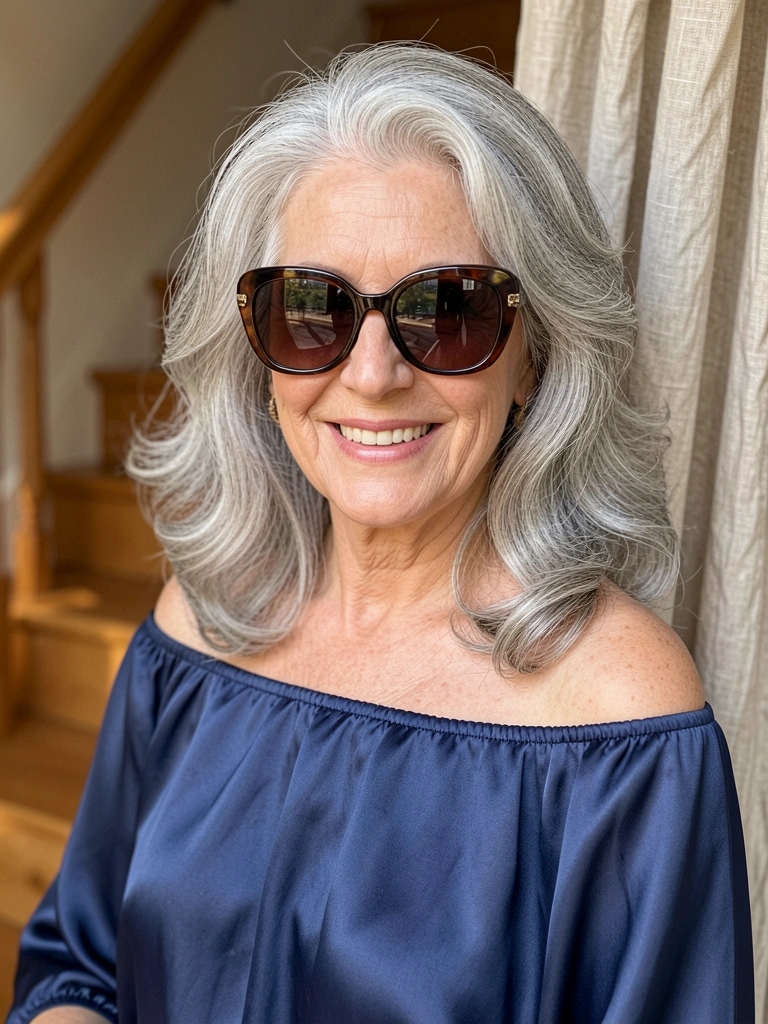Mulher sorridente de cabelos grisalhos e óculos escuros retrô, blusa de seda azul-marinho, luz natural suave e escada de madeira ao fundo.