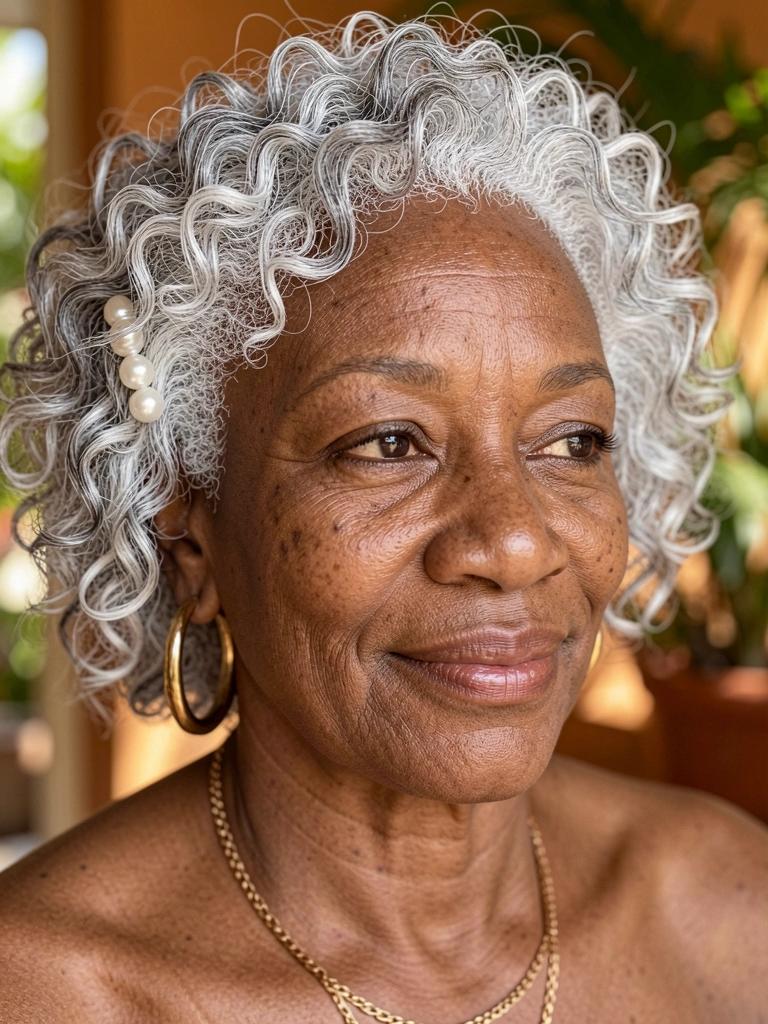 Mulher negra madura com cabelos grisalhos crespos, colar de ouro fino e brinco argola grande, luz natural suave destacando texturas.