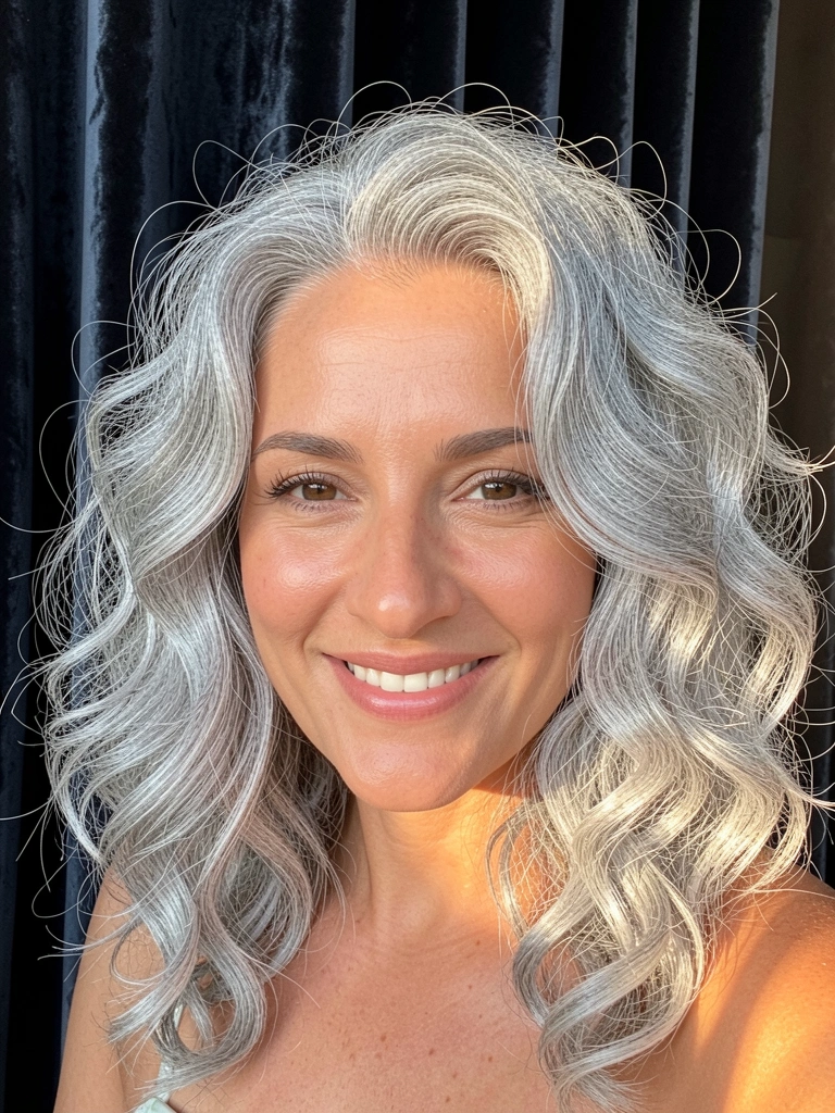 Retrato close-up de mulher com cabelos grisalhos prateados em cachos volumosos e levemente bagunçados, sorriso genuíno, iluminação suave e fundo de cortina de veludo escuro.