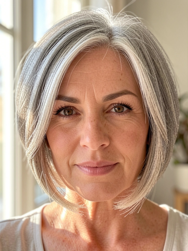 Close-up de mulher madura com cabelo prateado em corte bob texturizado, luz suave de janela e olhos expressivos.