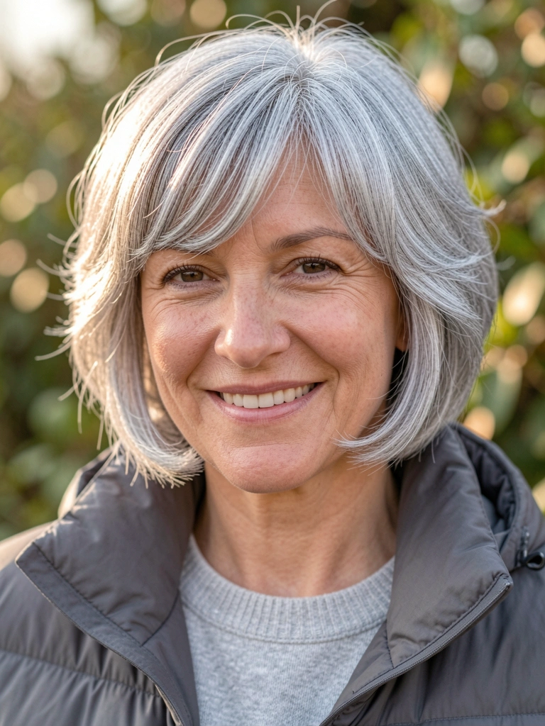 Close-up de mulher madura com cabelo grisalho volumoso em bob ondulado, jaqueta acolchoada cinza escura e sorriso caloroso, luz natural suave e fundo desfocado com verde.