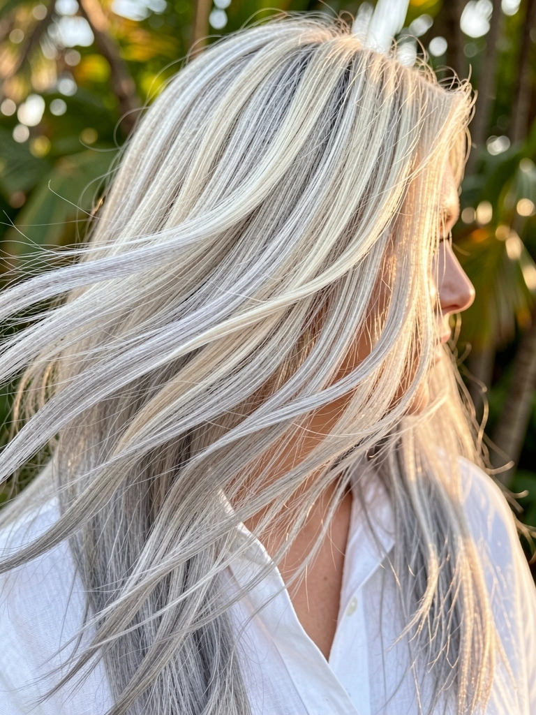 Cabelo loiro platinado com mechas prateadas ao vento, camisa de linho branca, luz natural suave com folhagens ao fundo.