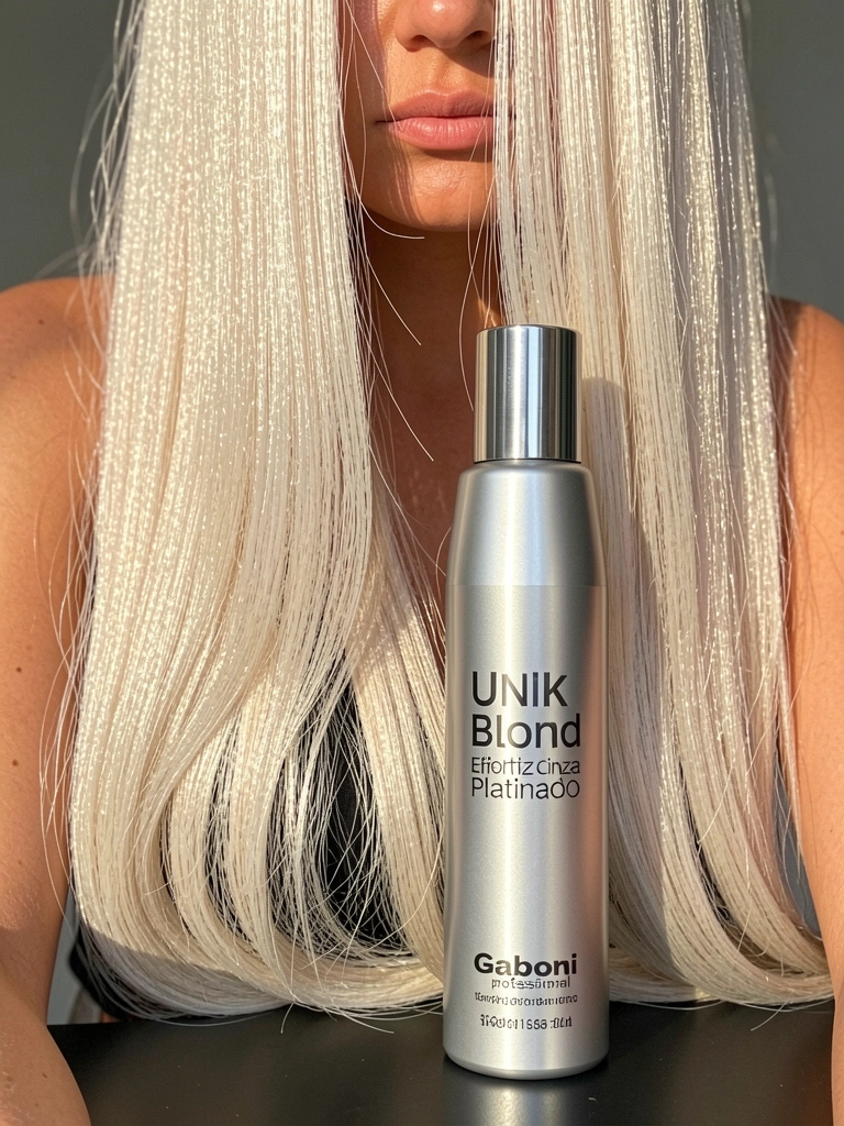 Close-up de cabelo platinado com mechas longas e frasco prateado do matizador Unik Blond sobre superfície escura, luz natural difusa.