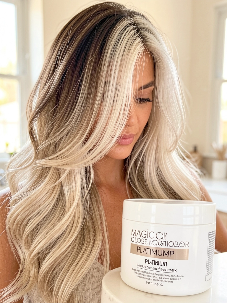 Cabelo loiro com ondas suaves e mechas platinadas, frasco branco do gloss matizador em primeiro plano, fundo desfocado com luz natural.