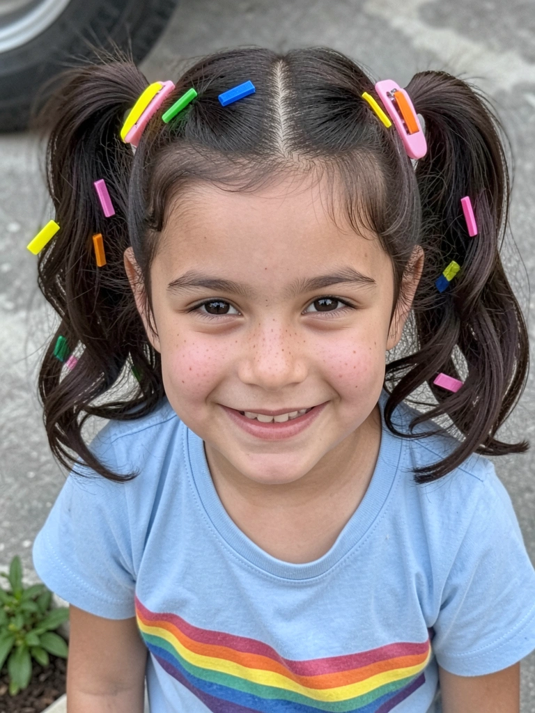 Criança sorrindo com vários balões coloridos presos ao cabelo, formando um penteado criativo.