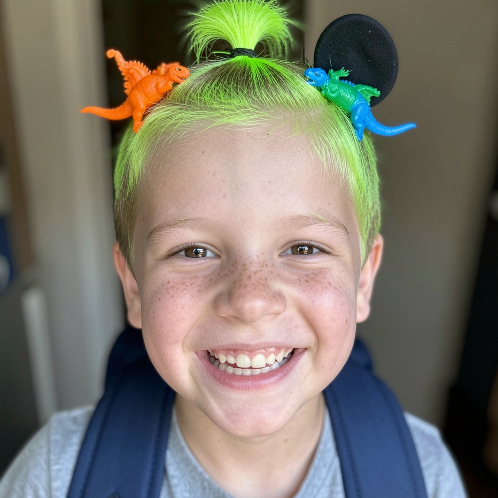 Menino com cabelo curto e topete estilizado, olhando para a câmera.