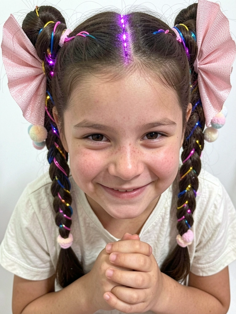 Fios de LED coloridos trançados em cabelo infantil, com luzes acesas em tons de azul, rosa e verde.