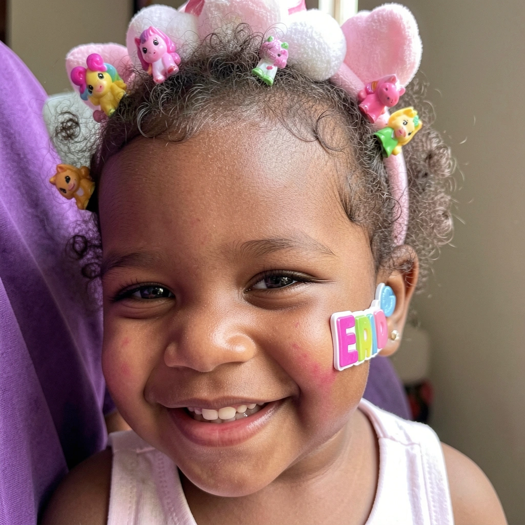 Cabelo infantil decorado com miniaturas de personagens coloridos e nome em EVA sobre fundo neutro.