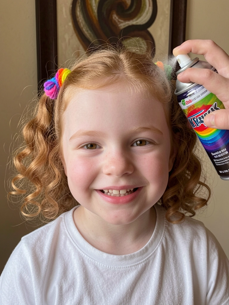 Tinta spray lavável colorida sendo aplicada em cabelo infantil