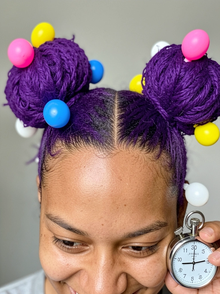 Cronômetro digital com penteado simples de balões coloridos sobre fundo claro.