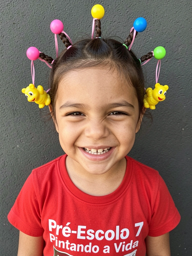 Menino com cabelo espetado de borracha, sorrindo, em fundo neutro.