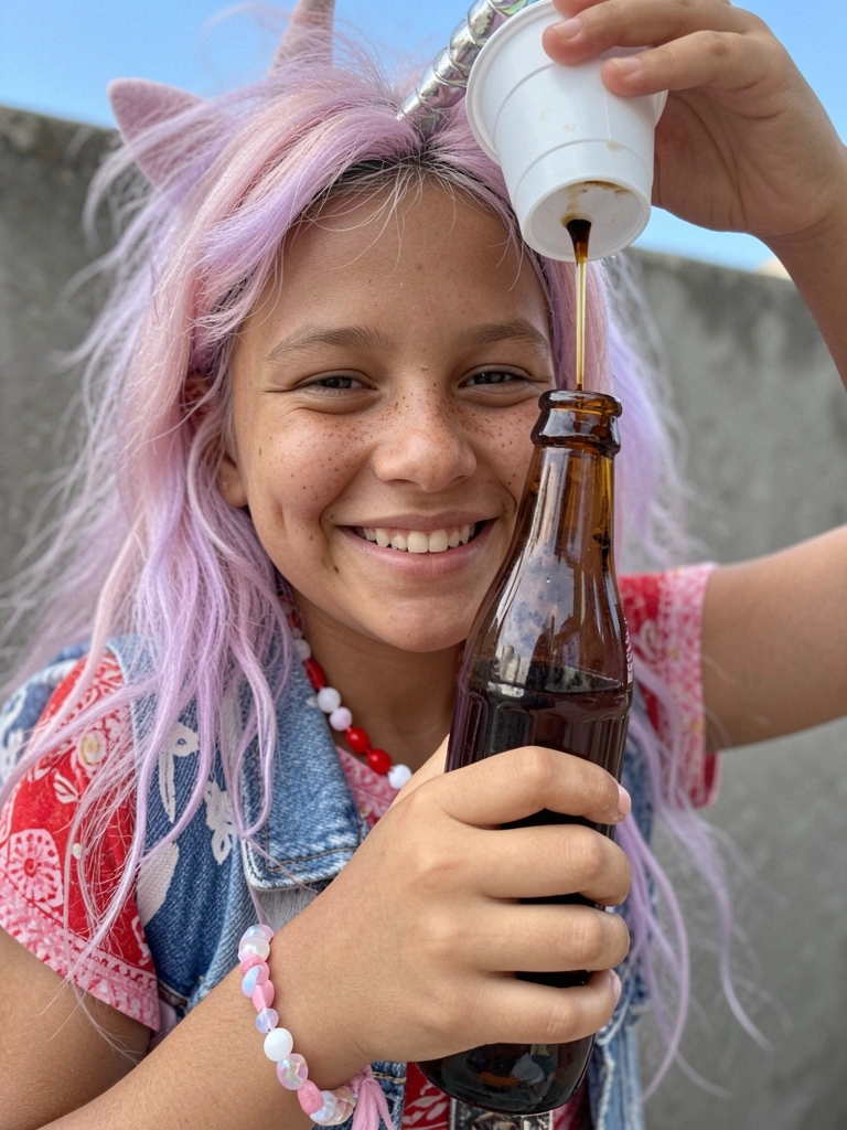 Menina com cabelo colorido e chifre de unicórnio sorrindo.