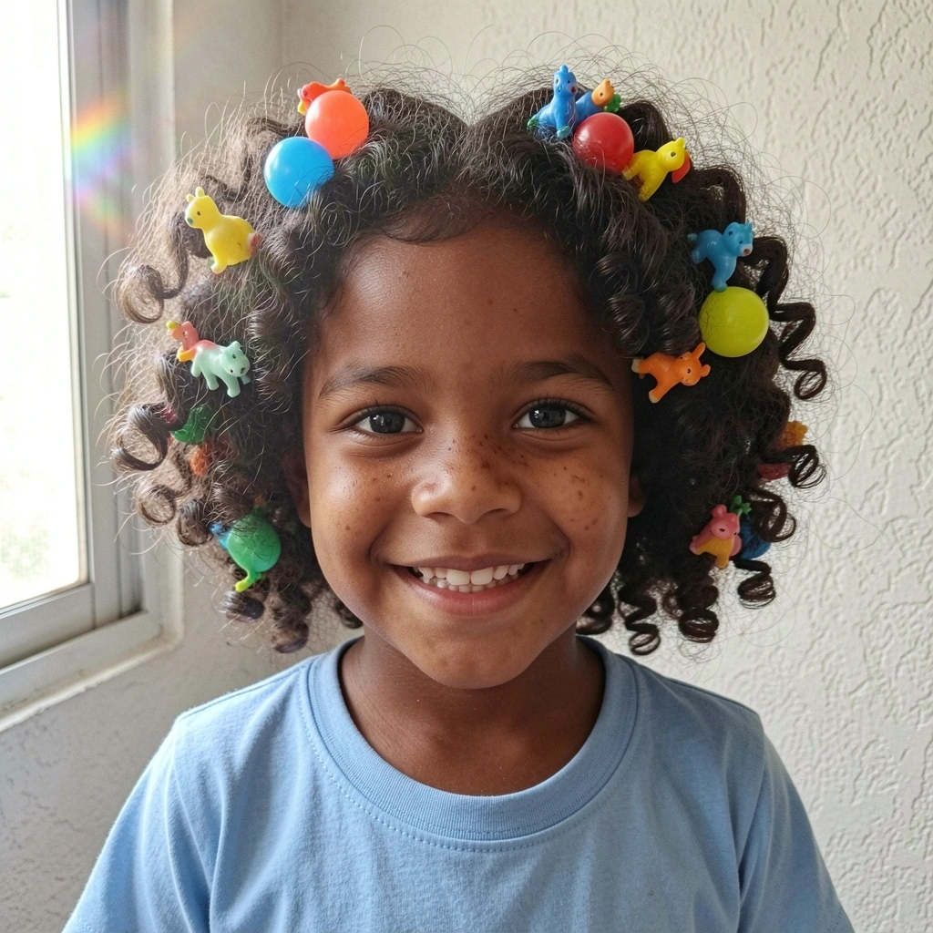 Cabelo infantil decorado com balões coloridos e pequenos brinquedos, em fundo neutro.