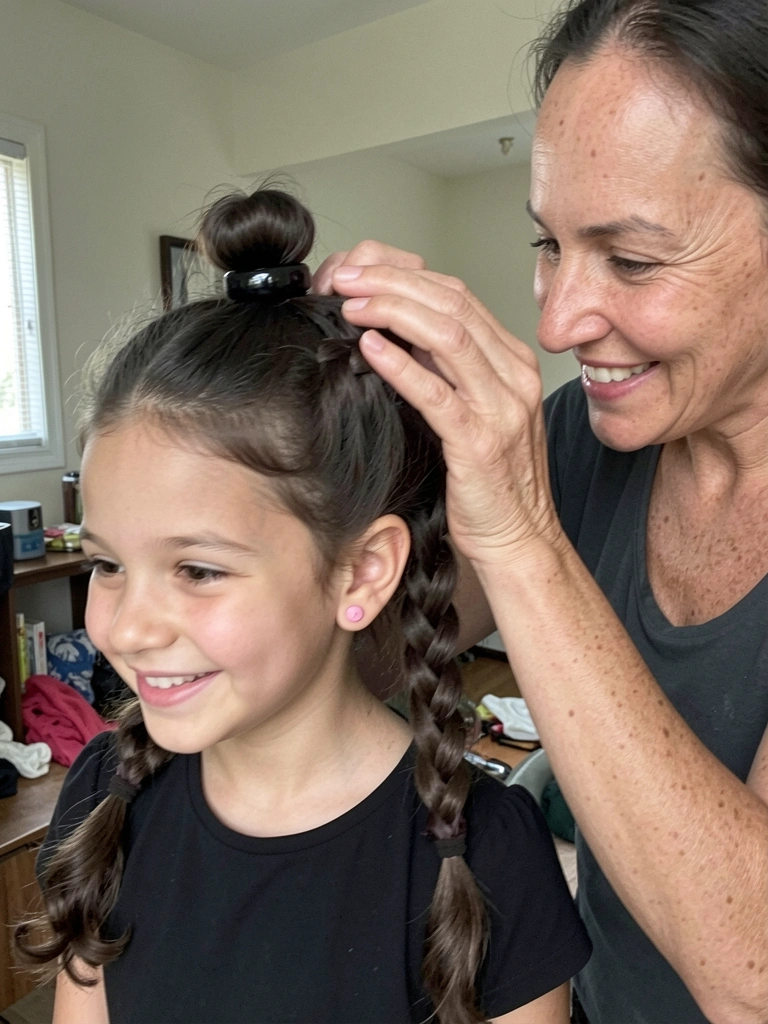 Mãe sorrindo enquanto arruma acessórios coloridos no cabelo da filha, que está sentada em uma cadeira.