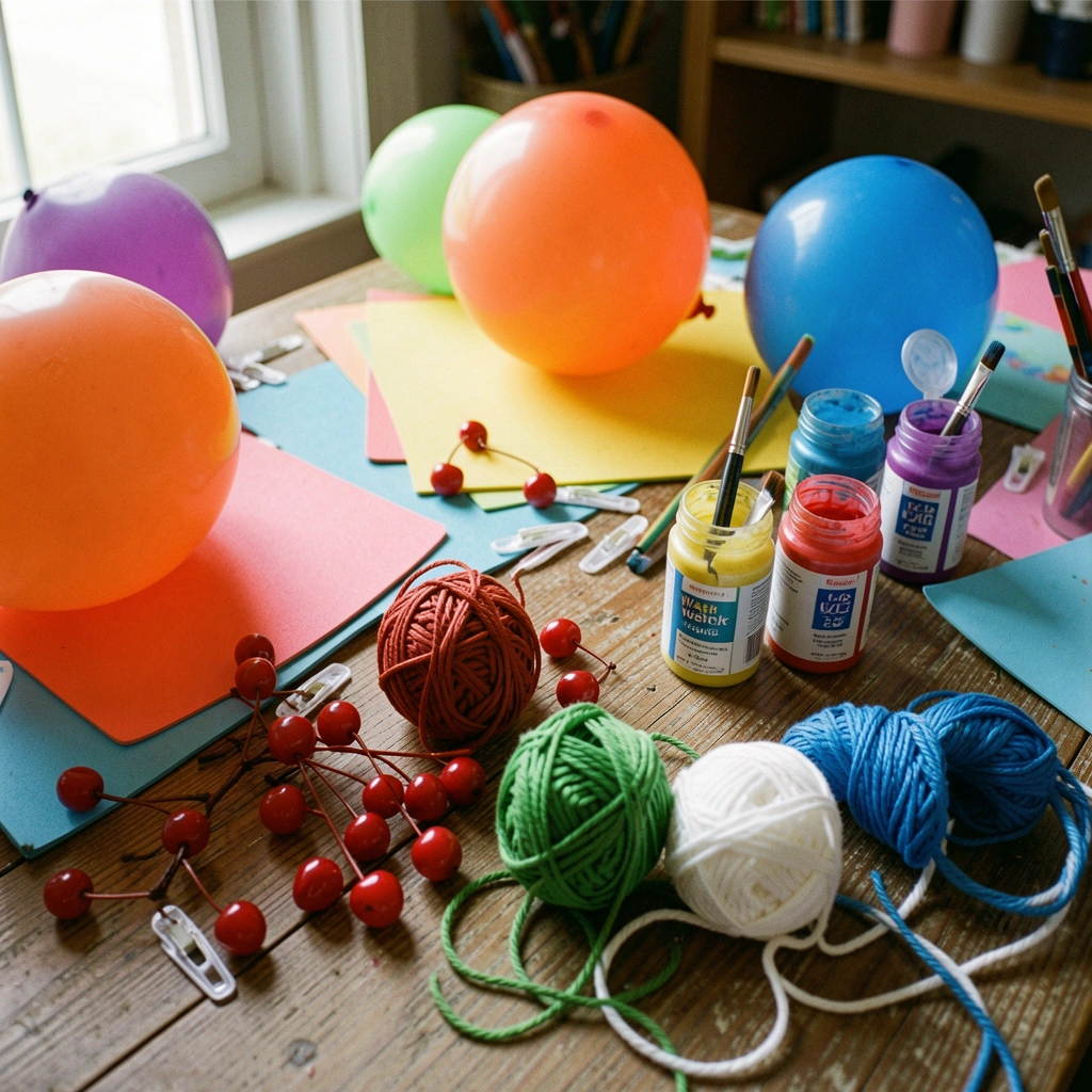 Mesa com balões coloridos, peças de EVA, presilhas e tinta lavável para atividade infantil.