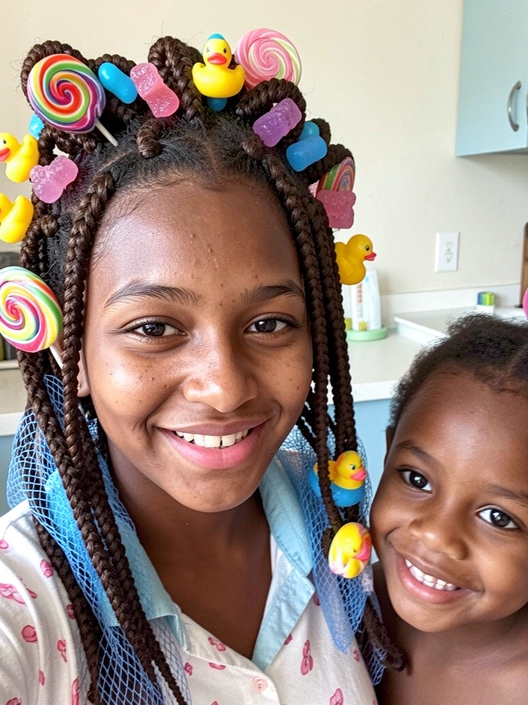 Criança olhando para o próprio cabelo com expressão curiosa.