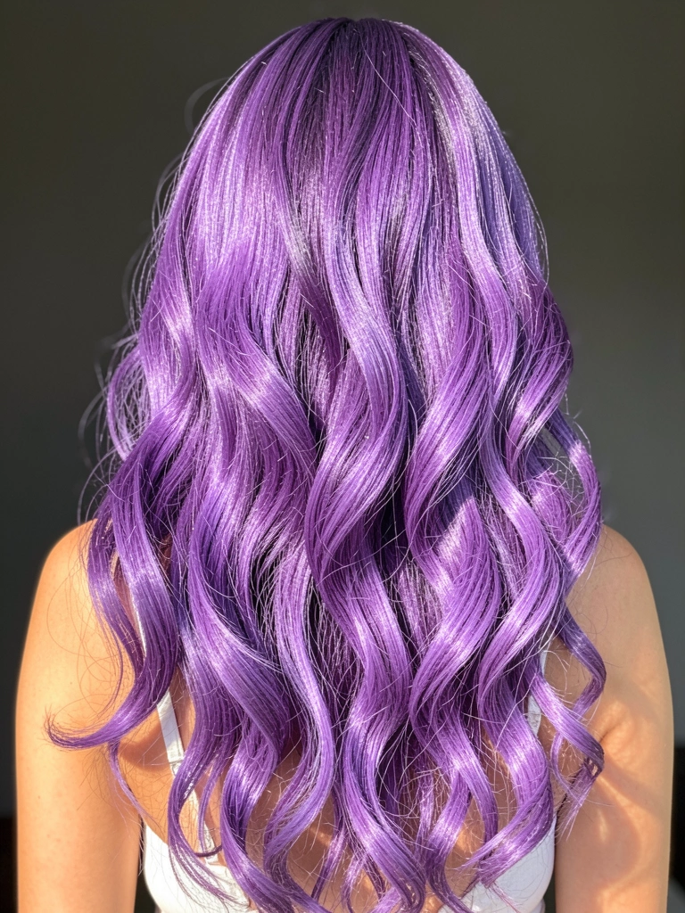 Cabelo roxo vibrante em ondas soltas, com mechas de violeta e lavanda, iluminado por luz natural suave sobre fundo cinza escuro.