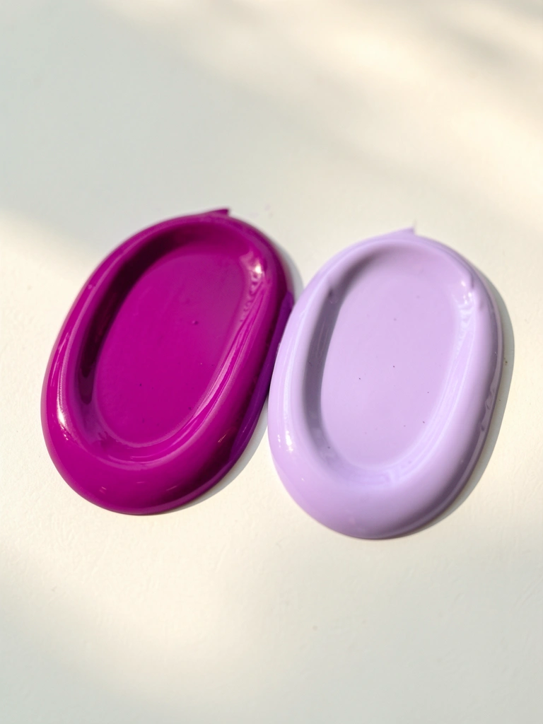 Dois tons de roxo vibrante, magenta e lavanda, lado a lado em fundo branco com luz natural e textura brilhante.