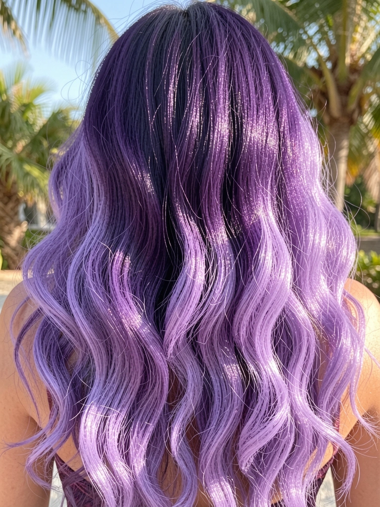 Mulher com cabelos longos e ondulados em gradiente de violeta escuro a lavanda, luz natural suave e fundo tropical desfocado.
