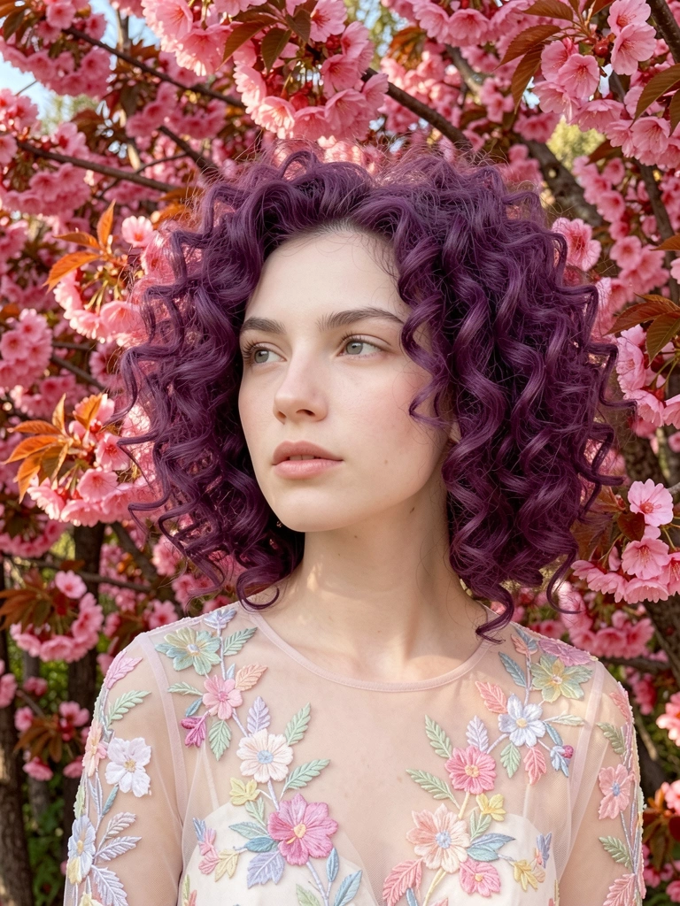 Mulher de cabelo roxo escuro e vestido bordado com flores, olhar distante sob cerejeiras em flor, luz natural difusa.