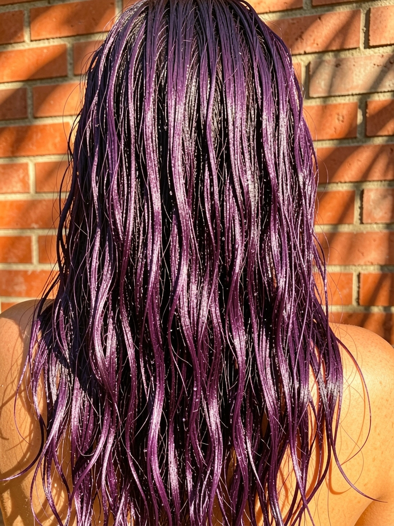 Cabelo roxo escuro volumoso em ondas soltas, molhado com gotículas, fundo de tijolos vermelhos texturizados e luz natural suave.