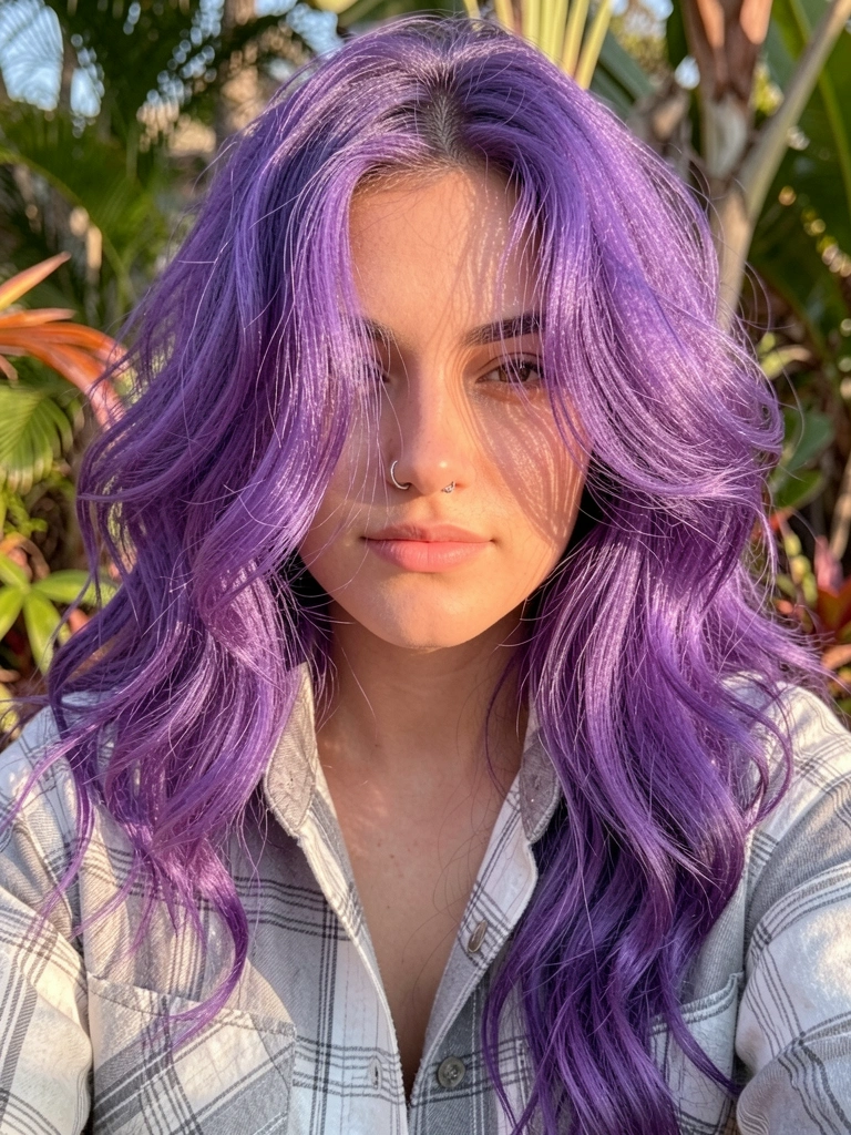 Jovem com cabelo roxo vibrante em ondas naturais, camisa xadrez cinza e branca, piercing no nariz, luz natural quente e folhagem tropical desfocada ao fundo.