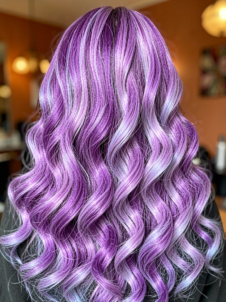 Cabelo roxo vibrante em ondas volumosas com nuances lilás, iluminado por luz natural, fundo de salão desfocado.
