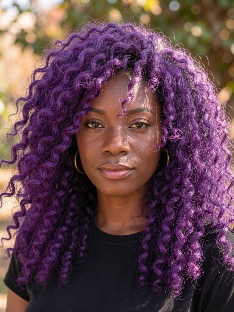 Mulher negra com cabelo cacheado roxo volumoso ao vento, brincos de argola dourados e olhar confiante sob luz natural difusa.