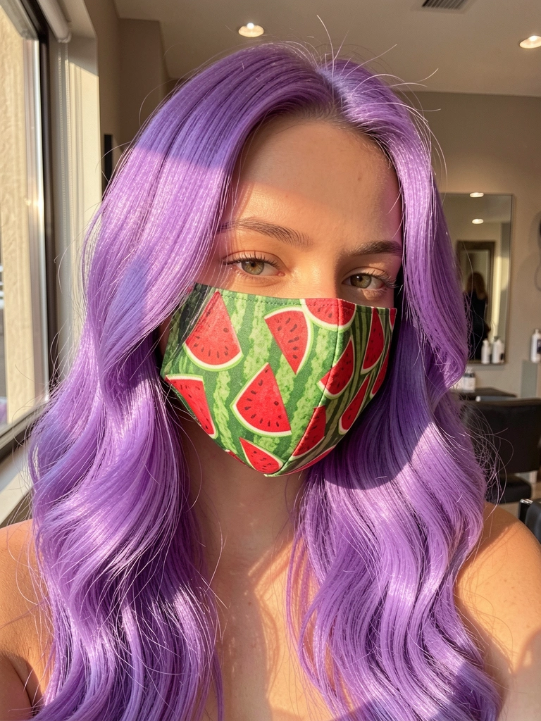 Jovem com cabelo roxo ondulado usando máscara facial estampada de melancia, luz natural entrando pela janela, salão de cabelereiro moderno ao fundo.